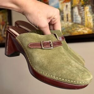 Cole Haan Cordelia Green Suede Clogs Mules Leather Shoes 6
